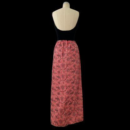 1960s Cocktail Dress with Embroidered Red Gingham and Black Velvet