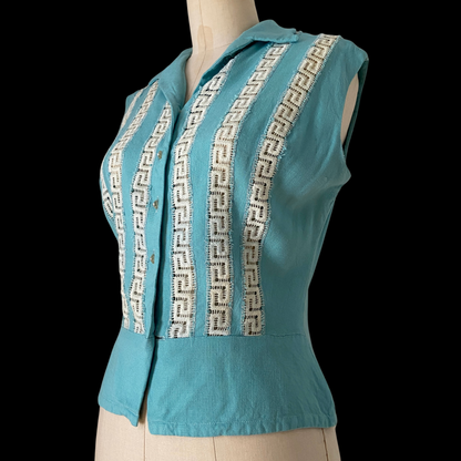 1950s Blue Top with Crochet Panels