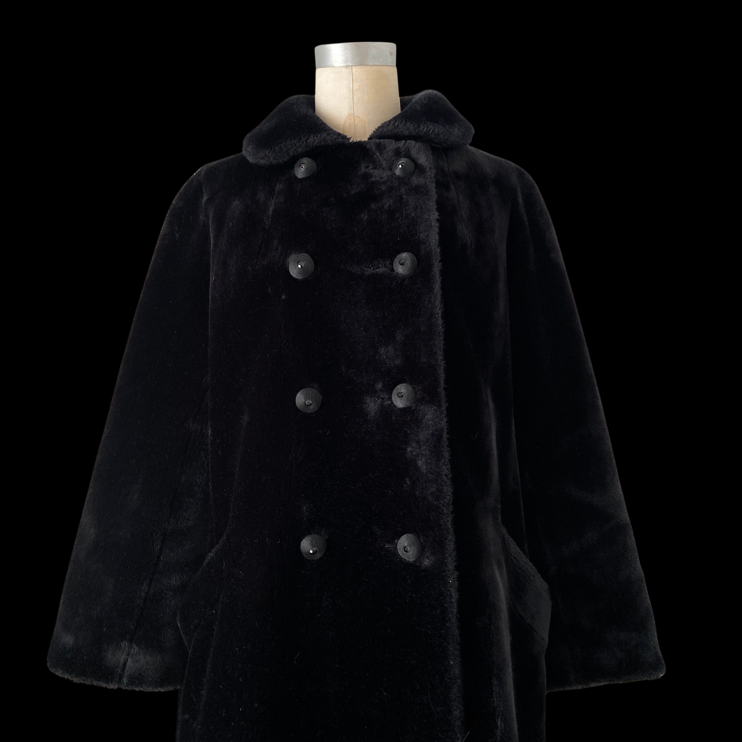 1950s Black Faux Fur Double Breasted Coat