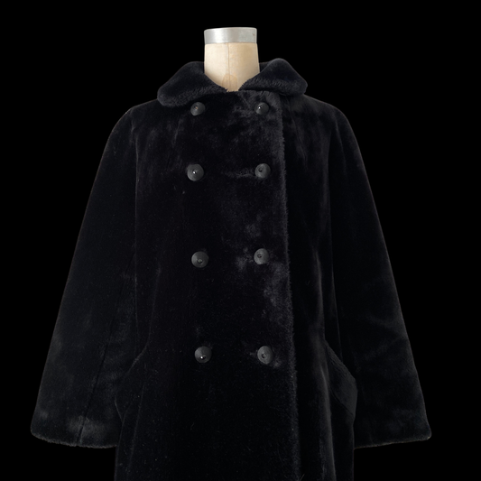 1950s Black Faux Fur Double Breasted Coat