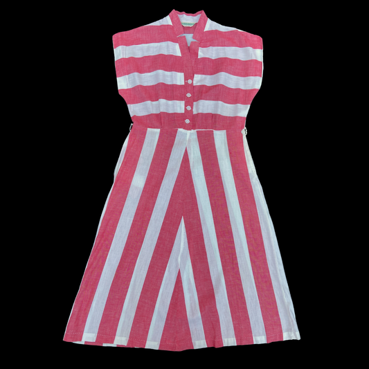 1940s Red and White Striped Cotton Day Dress Deadstock