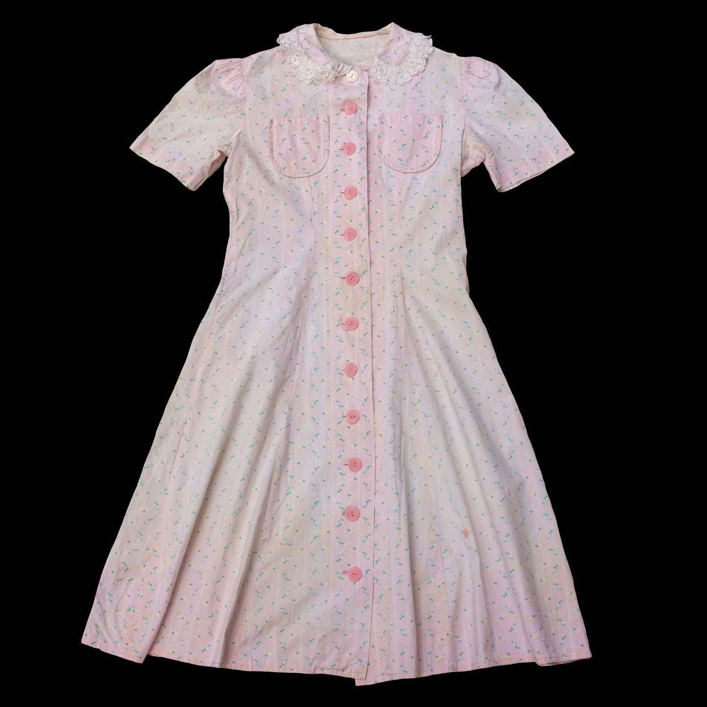 Vintage 1930s Pink Floral Cotton Dress Button Up
