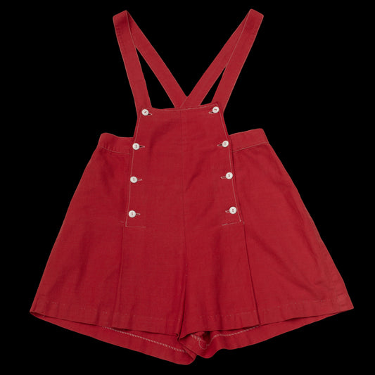 1940s Red Cotton Overall Shorts Romper