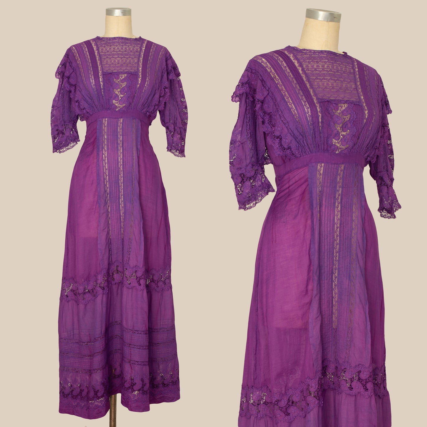 Antique 1910's Purple Cotton + Lace Lawn Dress