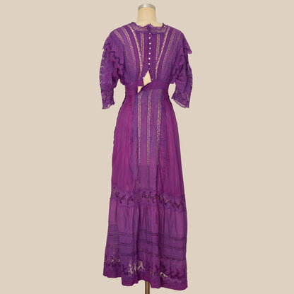 Antique 1910's Purple Cotton + Lace Lawn Dress