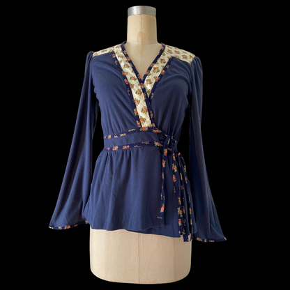 1970s Bell Sleeve Blue Floral Wrap Top