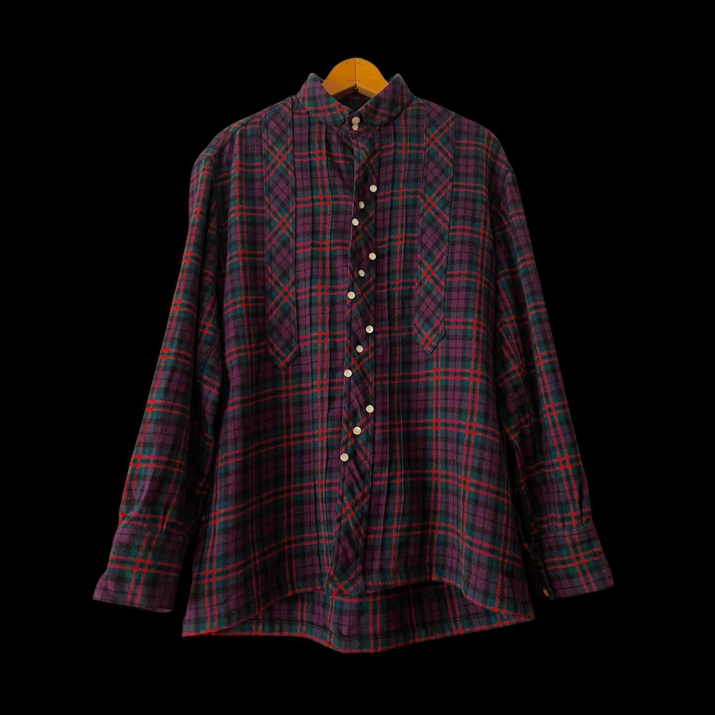 1950s Purple Plaid Wool Shirt with Diagonal Buttons