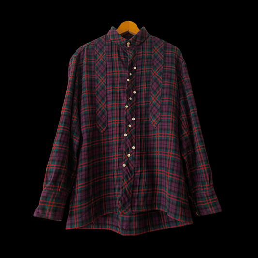 1950s Purple Plaid Wool Shirt with Diagonal Buttons