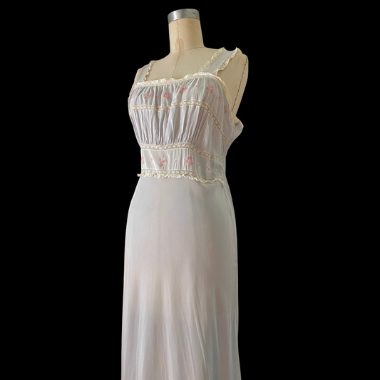 1930s Blue Embroidered Slip Dress