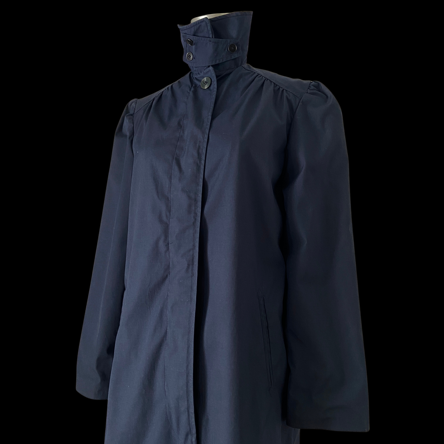 1980s Navy Trench Coat with Puff Sleeves