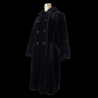 1950s Black Faux Fur Double Breasted Coat