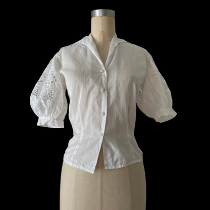 1980s Linen Eyelet Lace Puff Sleeve Top