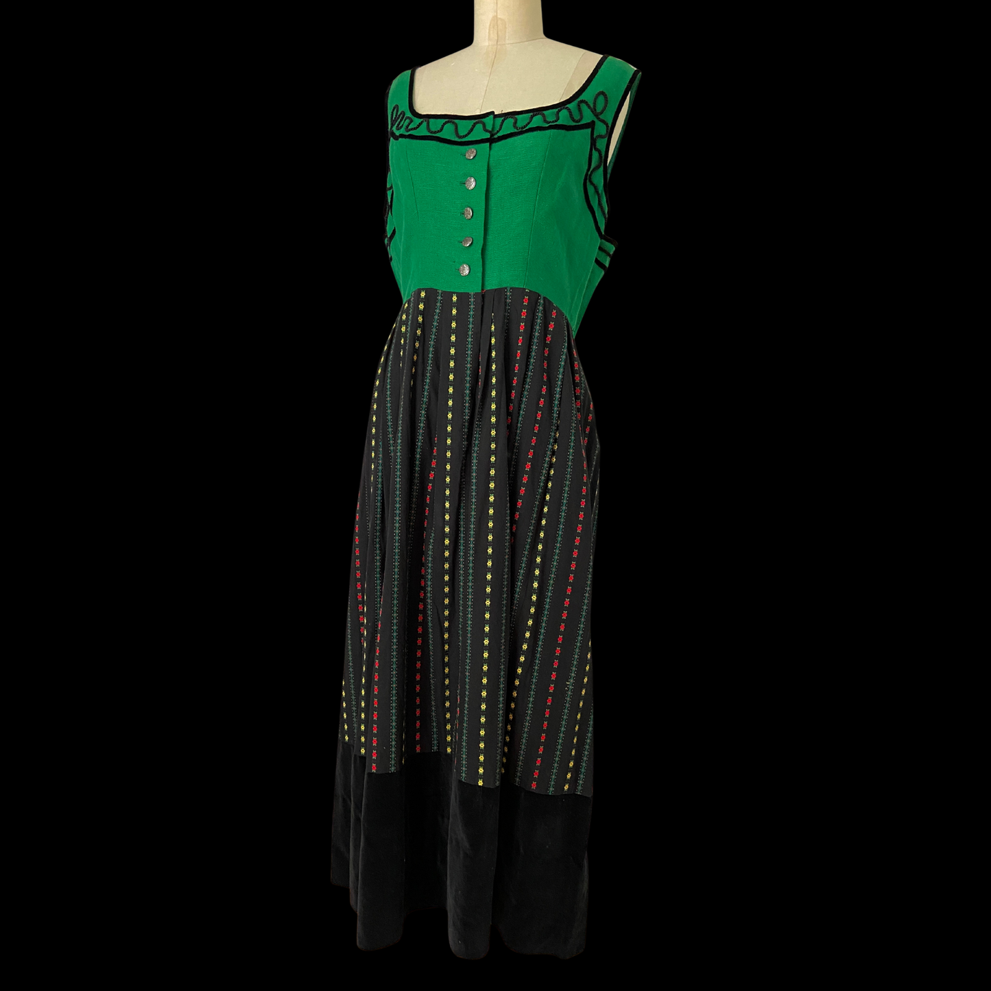 1960s Dirndl Dress Floral Embroidered Green Black