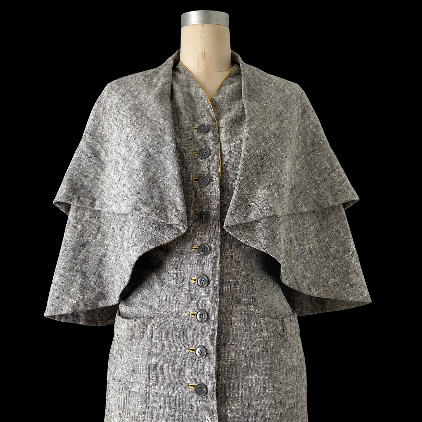 1940s Blue Linen Dress with Cape