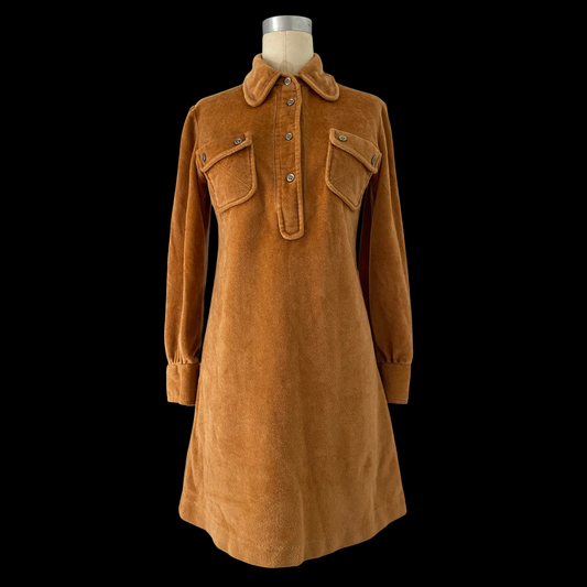 1970s Tan Velour Mini Dress