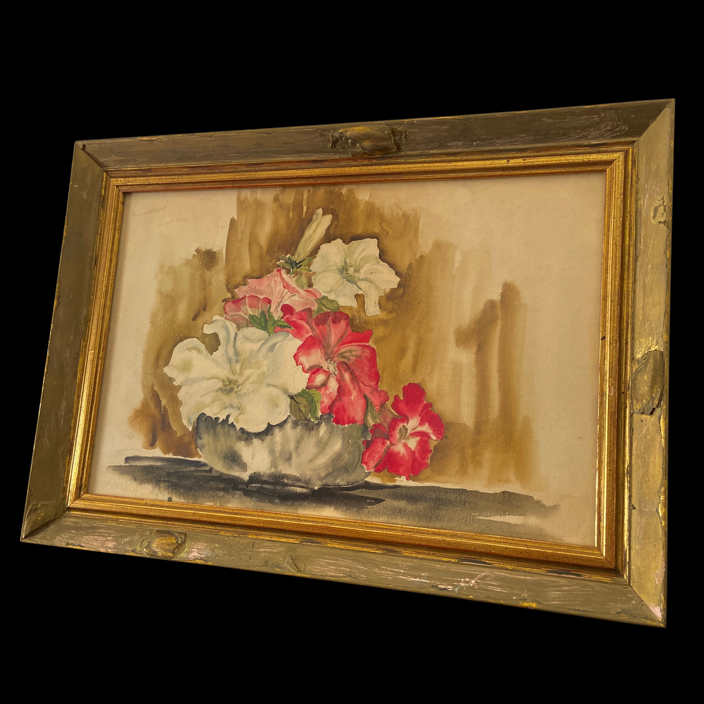 1940s Floral Still Life Watercolor Painting in Gold Frame