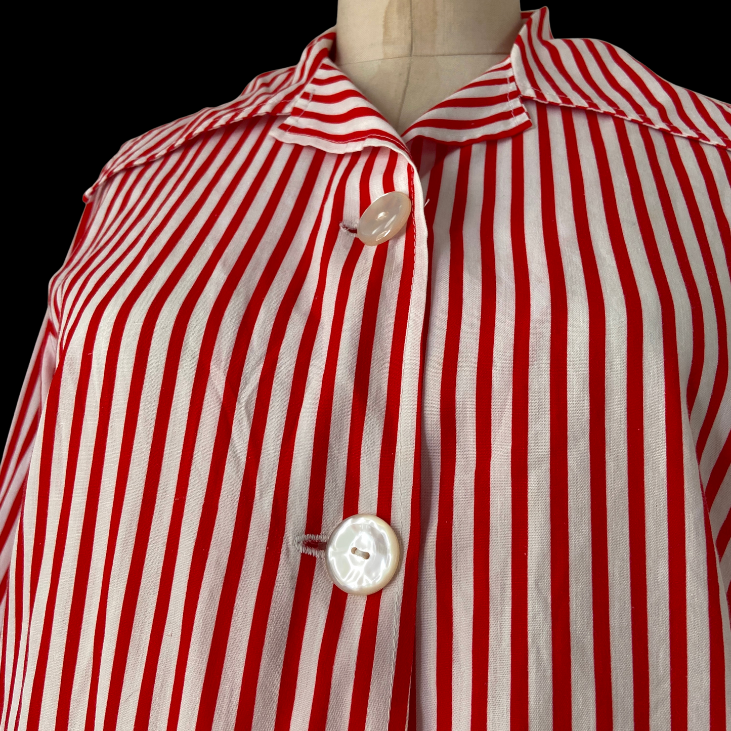 1940s Red and White Striped Cotton Top Smock Pockets