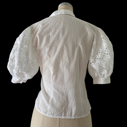 1980s Linen Eyelet Lace Puff Sleeve Top