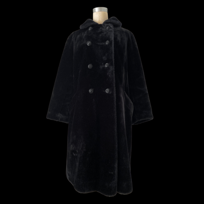 1950s Black Faux Fur Double Breasted Coat