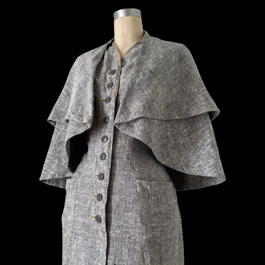1940s Blue Linen Dress with Cape
