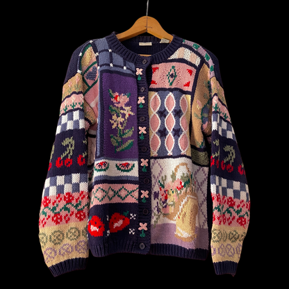 1980s Cherry Watermelon Patchwork Intarsia Cardigan