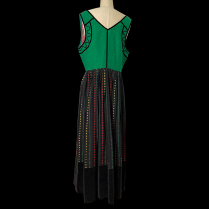 1960s Dirndl Dress Floral Embroidered Green Black