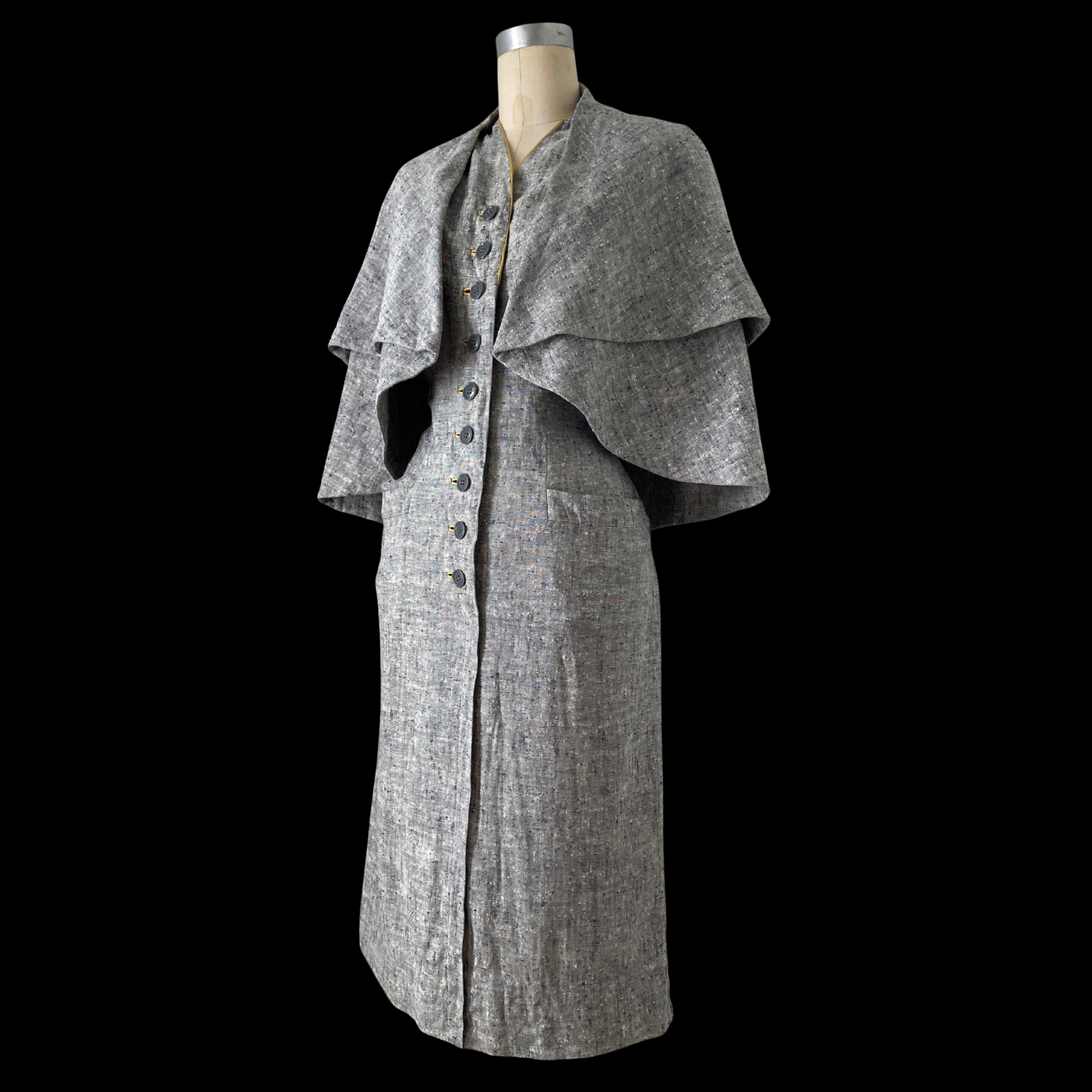 1940s Blue Linen Dress with Cape
