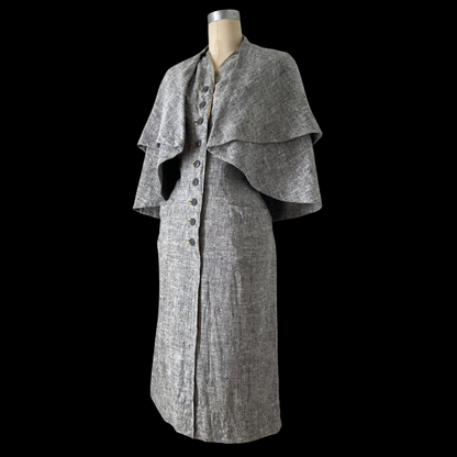 1940s Blue Linen Dress with Cape