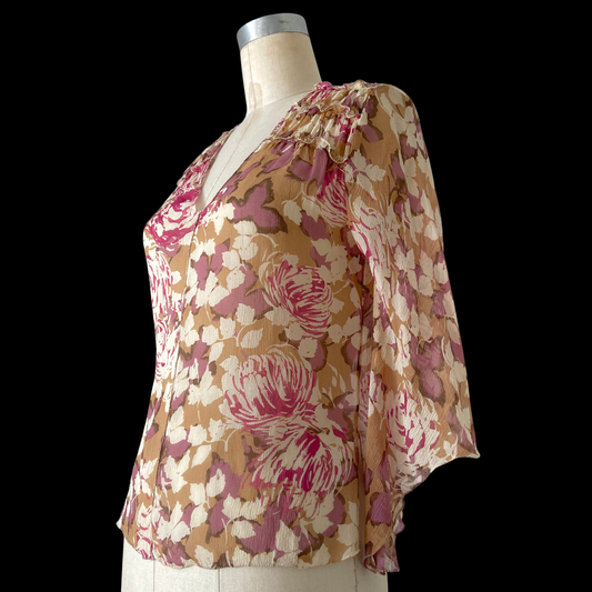 1990s Floral Silk Gauze Bell Sleeve Top