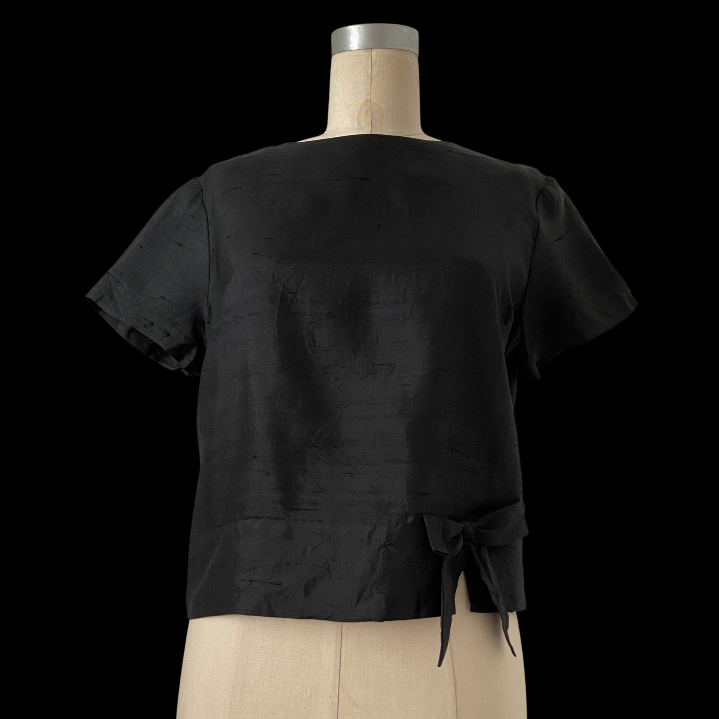 1950s 1960s Black Silk Top with Bow Peck & Peck