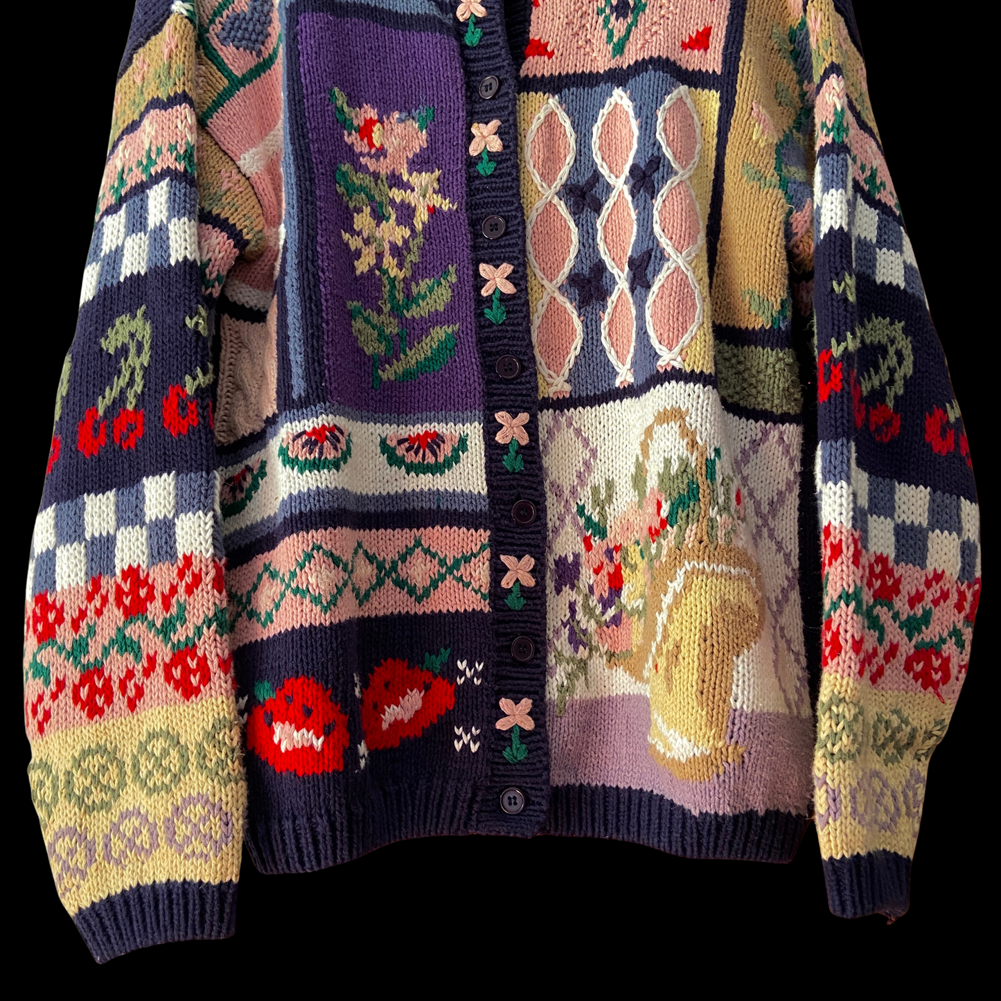 1980s Cherry Watermelon Patchwork Intarsia Cardigan