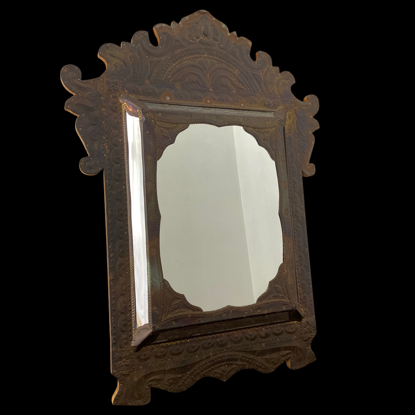 Antique Brass Repoussé and Wood Mirror