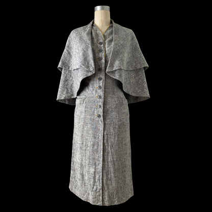 1940s Blue Linen Dress with Cape