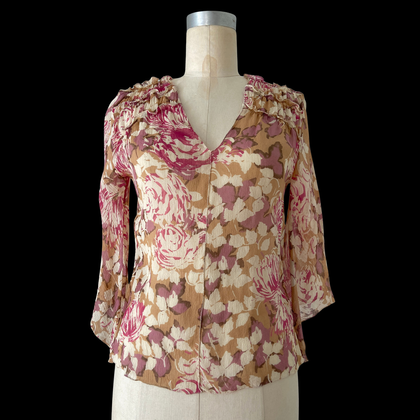 1990s Floral Silk Gauze Bell Sleeve Top