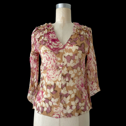 1990s Floral Silk Gauze Bell Sleeve Top