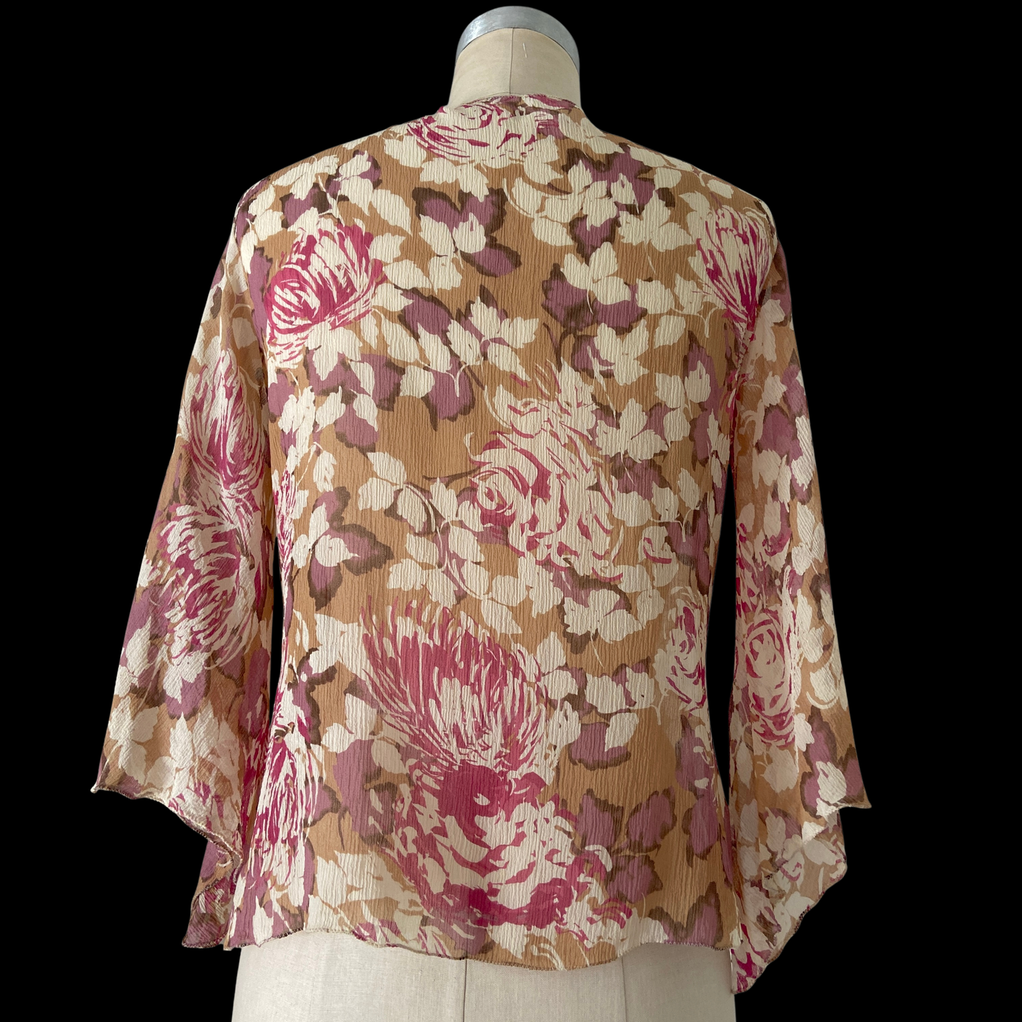 1990s Floral Silk Gauze Bell Sleeve Top