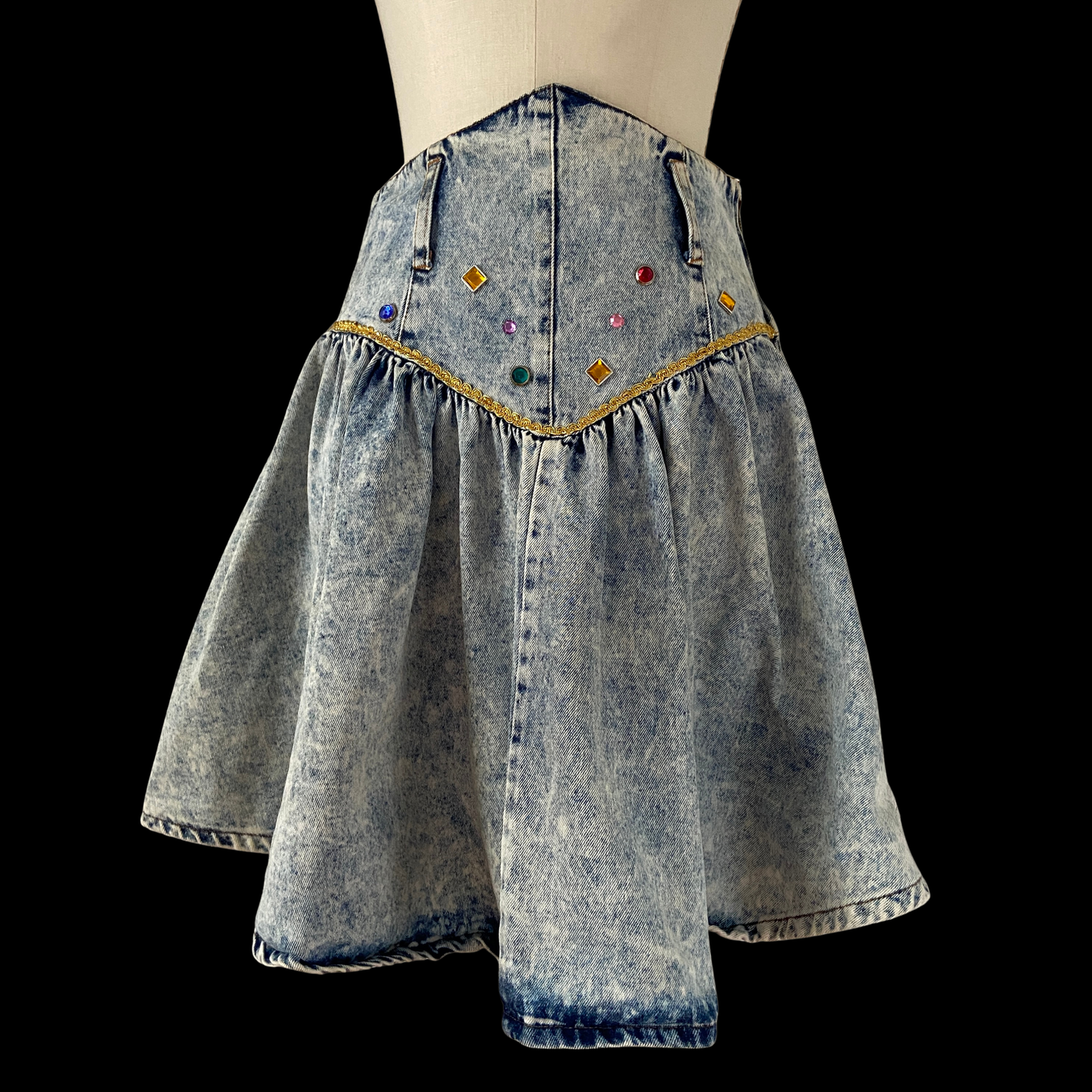 1980s Studded Acid Wash Denim Mini Skirt