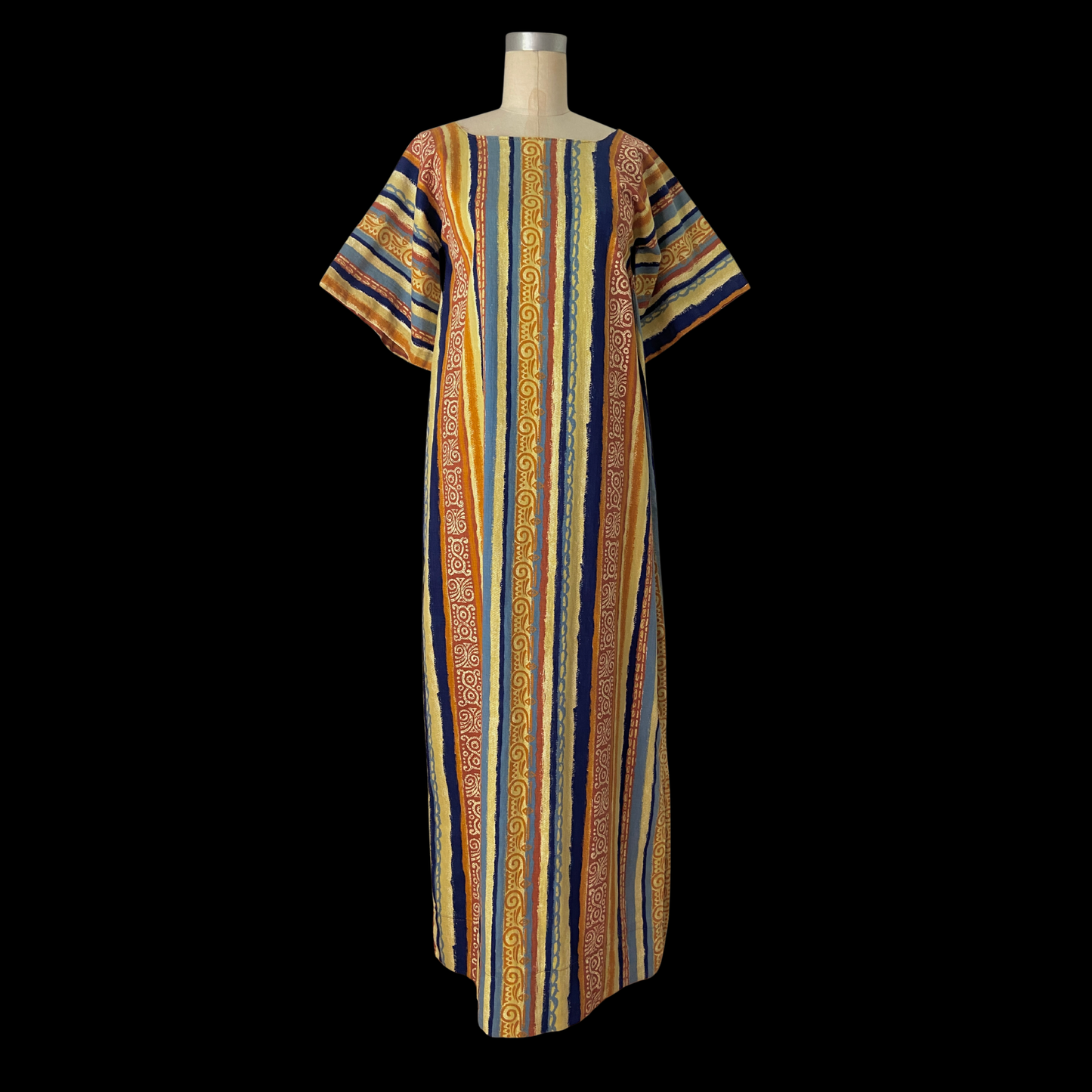 1960s 1970s Striped Cotton Maxi Dress Angel Sleeves