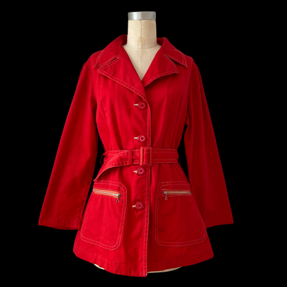 1960s Red Belted Mod Cotton Jacket with O-Ring Zippers