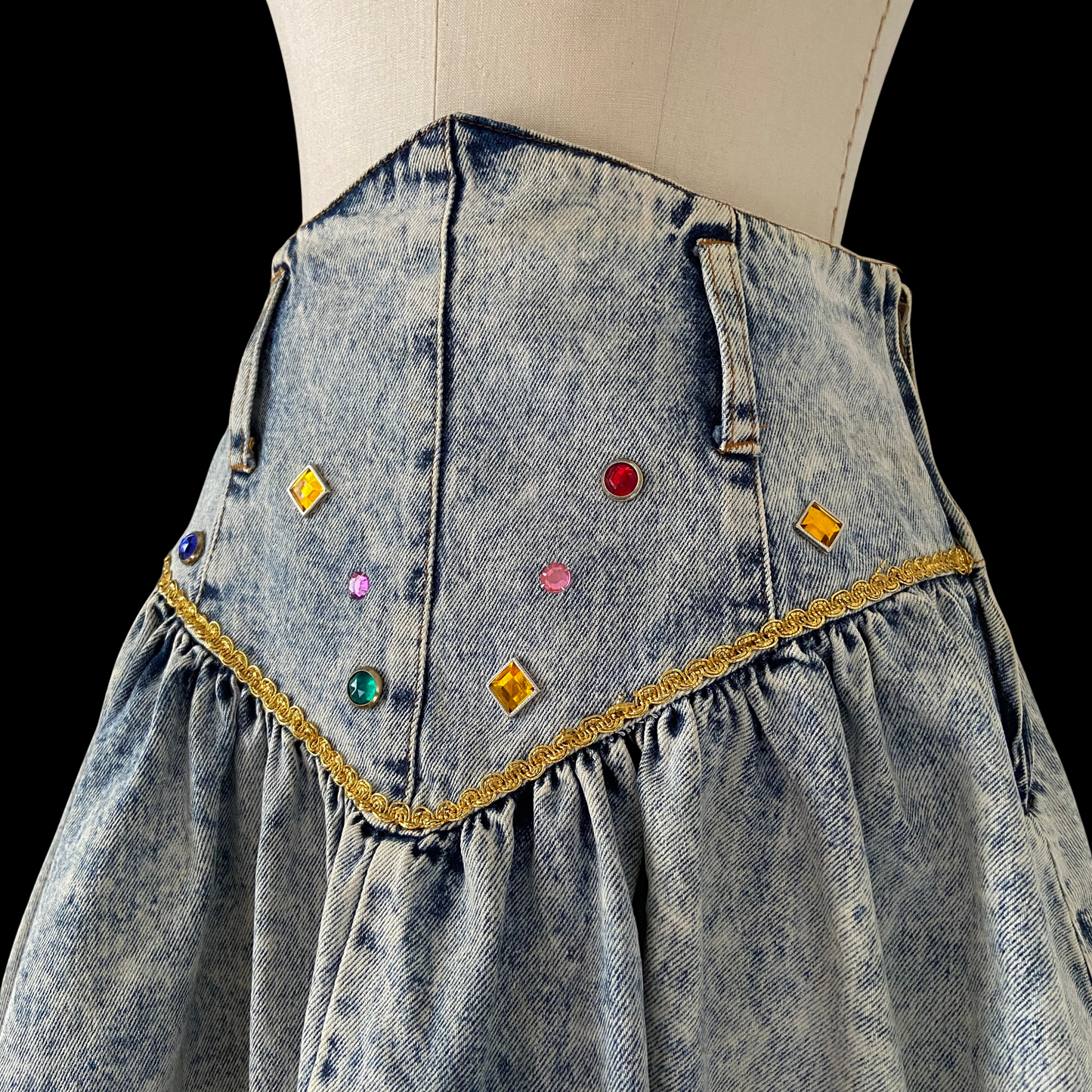 1980s Studded Acid Wash Denim Mini Skirt