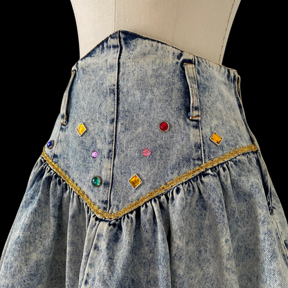 1980s Studded Acid Wash Denim Mini Skirt