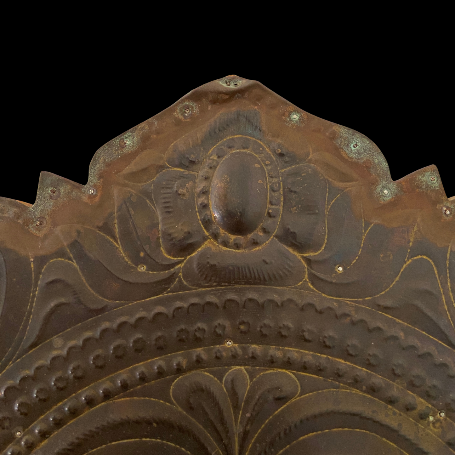 Antique Brass Repoussé and Wood Mirror