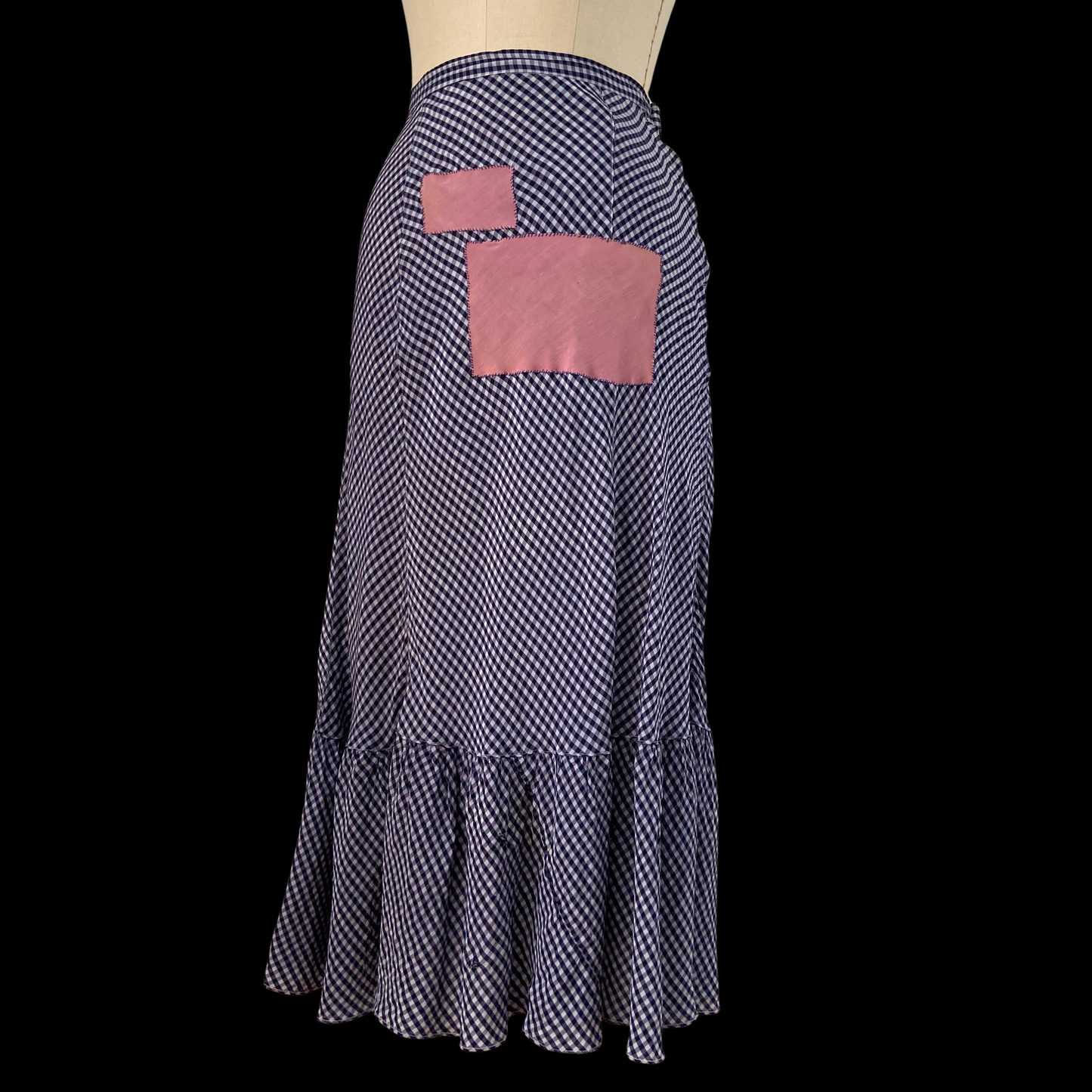 1940s Blue Gingham Rayon Skirt with Patches