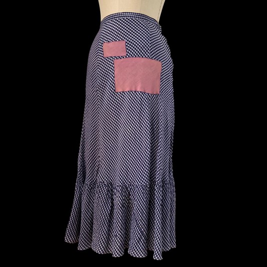 1940s Blue Gingham Rayon Skirt with Patches