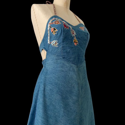 1980s Denim Halter Dress with Appliqué