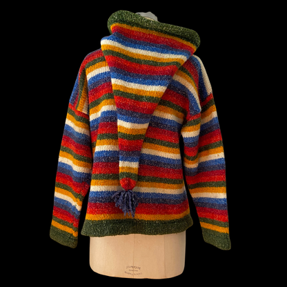 1990s Striped Wool Cardigan Hooded Rainbow Hand Knit