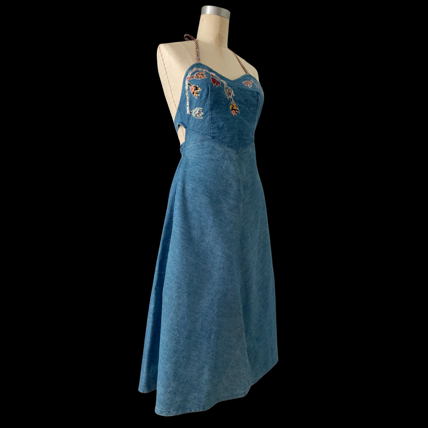 1980s Denim Halter Dress with Appliqué