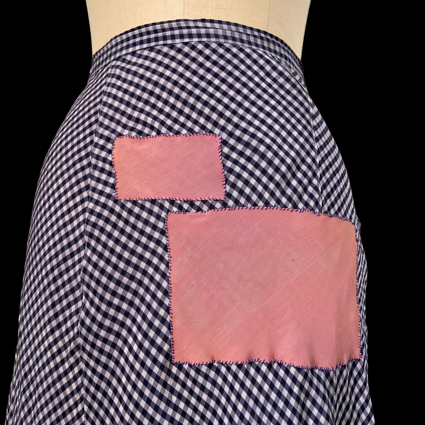 1940s Blue Gingham Rayon Skirt with Patches
