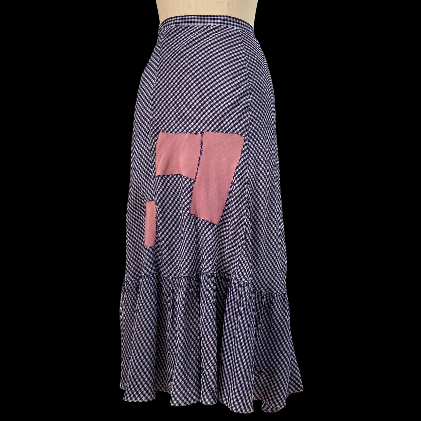 1940s Blue Gingham Rayon Skirt with Patches