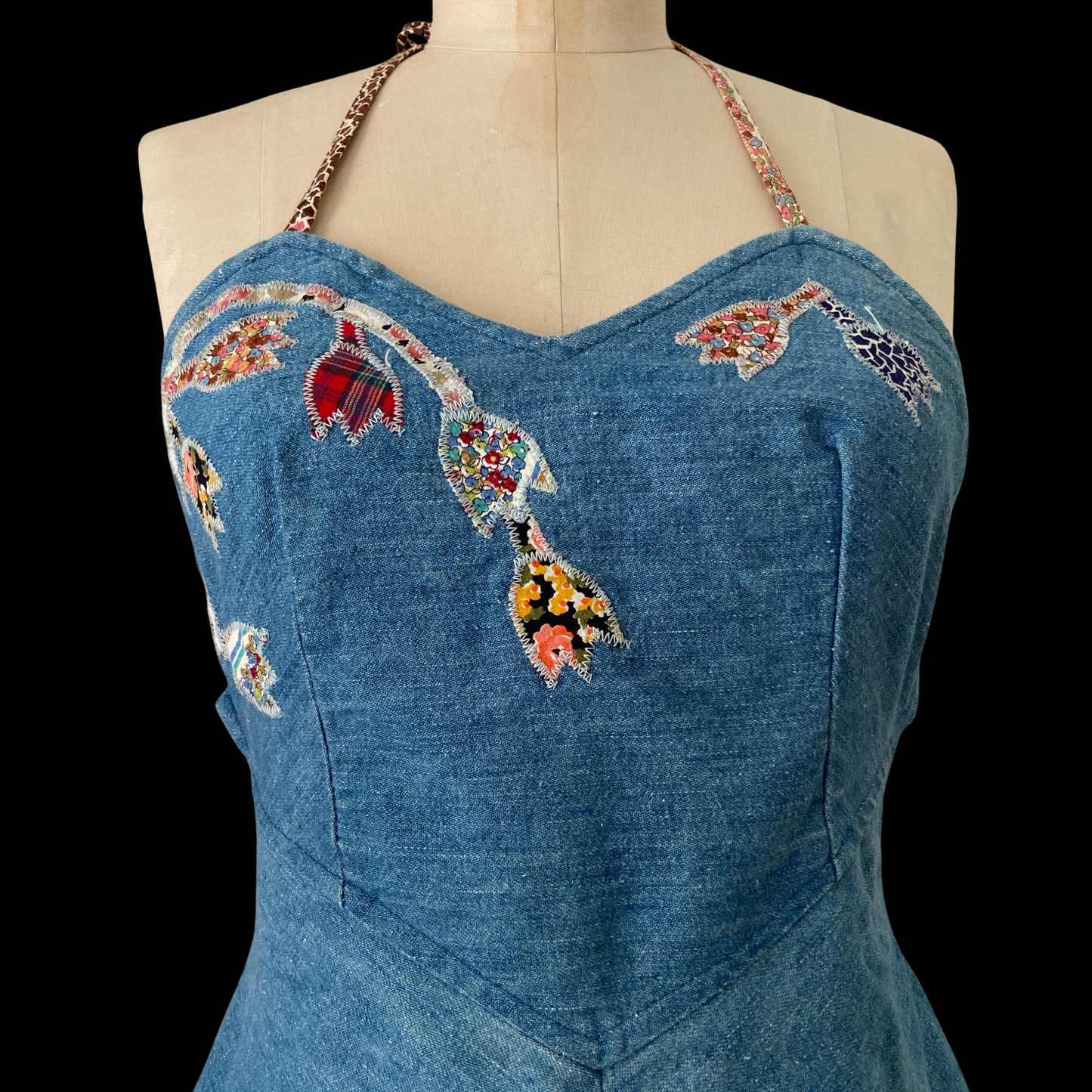 1980s Denim Halter Dress with Appliqué